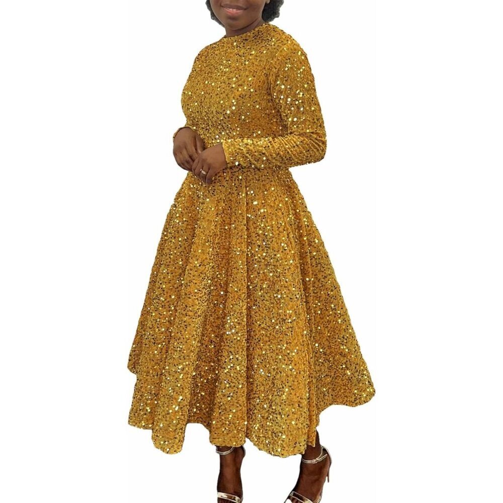 Women's Plus Size Sequin Dress Long Sleeve Flared A-Line Party Evening